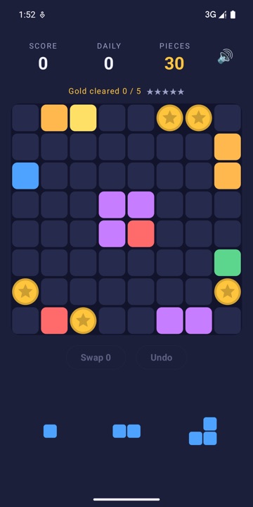The daily challenge: a pre-filled board with five gold coins to clear within 30 pieces.