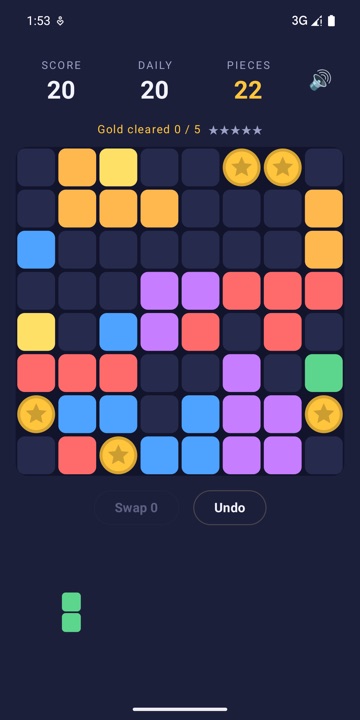 The daily challenge mid-way, with coins still on the board and 22 pieces left.