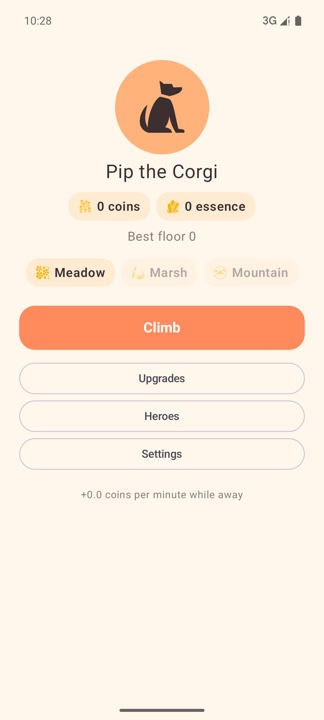 The home screen: Pip the Corgi above a coin and essence count, the Meadow, Marsh and Mountain biomes, and a Climb button.