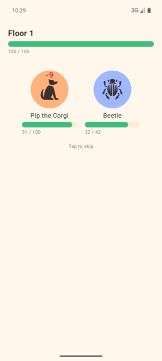 A battle on floor 1: Pip the Corgi facing a beetle, a health bar under each and a damage number floating above the corgi.