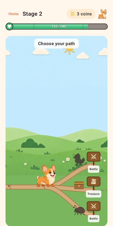 The trail: Pip the Corgi at a fork in a painted meadow, three signposted paths ahead marked Battle, Treasure and Battle, with a shadow of the enemy and a chest at the clearings.