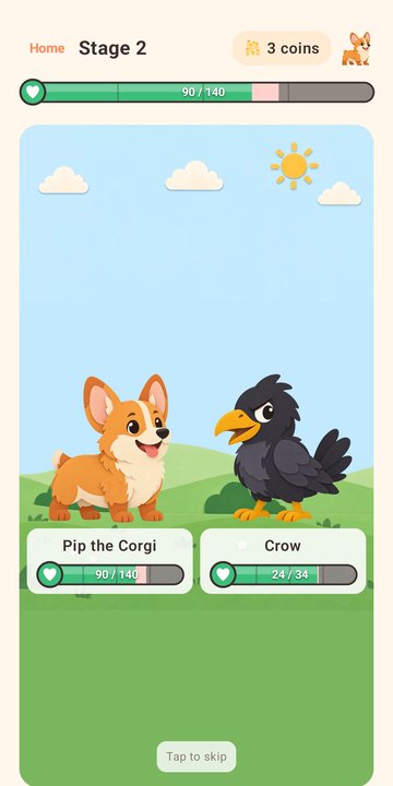 A battle in the meadow: the painted Pip the Corgi facing a crow, a name plaque and health bar under each.