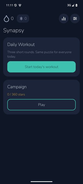 The home screen in the dark Dusk theme: a streak flame and freeze count at the top, a Daily Workout card with a Start today's workout button, and a Campaign card showing 0 of 360 stars.