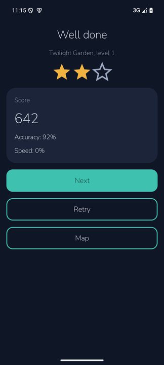 The level result screen: Well done, Twilight Garden level 1, two of three stars, a score of 642 with accuracy and speed lines, and Next, Retry and Map buttons.